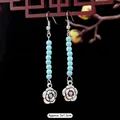 Ethnic vintage turquoise long drop earrings with silver rose pendant 5x1.3cm - 12-Long Bead Flower
