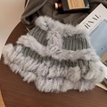 Grey Fair Isle knit bucket hat with faux fur trim on a rustic wooden background - Rabbit Fur Bucket-Grey