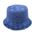 Klassischer Denim-Fischerhut mit weißen Blumenstickereien und ausgefransten Details - Einheitsgröße (54-60cm) / Dunkelblau