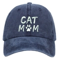 Washed cotton baseball cap in navy blue with CAT MOM embroidery and cat paw detail - Washed Dark Blue CAT MOM Embroidery Baseball Cap