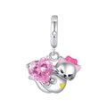 Silver cat charm pendant holding a large pink heart-shaped crystal gemstone - CCT317-Cat Holding Pink Heart