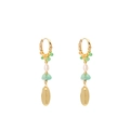 Long pearl drop earrings with handmade gold wire wrapping and green stone accents - Green Aventurine Tag Style
