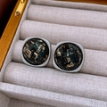 Macro detail of square leopard pattern stud earrings with gold foil inlay in jewelry box - Silver Black Square Gold Foil (WE4209)