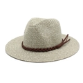 Chapeau panama en paille beige avec ruban en cuir tressé marron pour vacances d'été - M (56-58cm) / Brun Vert