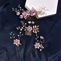 Handmade bridal hair accessories set with pink flowers, gold leaves and white pearls - Set 1 (4pcs) / Purple