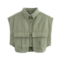 Détail du gilet cargo sans manches vert armée avec col rabattu et grandes poches - Vert Militaire