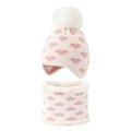 Winter infant knit hat and neck warmer set with pink heart pattern and ear protection - White