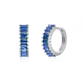 Silver huggie hoop earrings with rectangular step-cut blue zircon stones inlay - Platinum Blue Zirconia