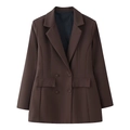 Detail of dark brown double-breasted blazer with classic peak lapel and flap pockets - S / Coffee
