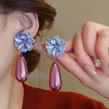 Elegant purple flower earrings with teardrop beads, vintage floral vacation jewelry - Retro Purple Floral Water Drop Pendant (40#)