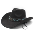 Black western cowboy hat with turquoise bull embroidery and wide brim on white background - M (56-58cm) / Black