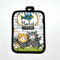 Rectangular heat-resistant cotton potholder featuring cute cat illustrations and hanging loop - Cat