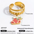 Gold stainless steel double band ring featuring a hanging colorful Christmas sock charm - Christmas Stocking Style (JZ21327)