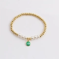 Goldenes Perlenarmband mit weißen Perlen und grünem Böses Auge Anhänger für Damen - Grün