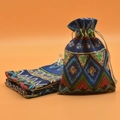 Ethnic geometric cotton drawstring gift pouch with colorful linen texture and secure closure - Blue Stripe
