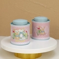 Pink and blue tin canisters featuring bunny illustrations and double-seal lids - Pink Blue Bunny