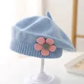 Detail of light blue knit beret for girls with handmade 3D floral decoration - 3-48 Months / Light Blue