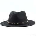 Detail of black straw fedora showing woven texture and leather band with gold metal studs - Black