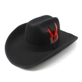 Detail of a black wool felt western cowboy hat with a decorative red and black feather - M (56-59cm) / Black Hat Body + Black Square Ribbon
