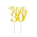 Gold glitzernder Hello 30 Geburtstagskuchen-Topper mit zwei Holzstäbchen-Haltern - Hello 30! / Gold