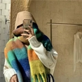 Detailed texture of thick rainbow plaid scarf with long fringe tassels for winter warmth - Blue & Orange Rainbow