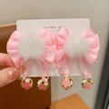 Set of two pink bow hair clips with white plush balls and cherry blossom bell pendants - Princess Pink Bell (Hair Clip 024-Braid)