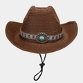 Detail of a brown straw cowboy hat with ethnic style band and a turquoise stone accent - One Size / Dark Brown