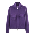 Fashionable purple knitted cardigan with high collar and metal double zippers - Purple