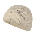 Chic beige knitted beanie with metal safety pin and rings featuring distressed rip design - 55-58cm / Khaki