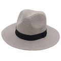 Classic Panama straw hat with black ribbon and jazz brim for summer sun protection - One Size / Gray