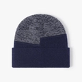 Knitted beanie in navy blue and grey color block with thick ribbed fold cuff - Navy Blue