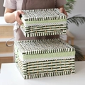 Green and white striped rattan storage baskets with glass lid and lace lining - Large (35*29*18CM) / Green and White Striped