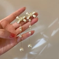 Bowknot pearl tassel earrings with gold-plated edges and long chain fringe - 21# Silver Pin - White (Bowknot Pearl)