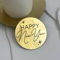 Golden acrylic Happy New Year cake topper with star patterns on marble background - Round Happy New Year Style 2 / Gold