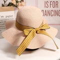 Women's wide brim straw sun hat with yellow striped bow ribbon for beach vacation - M (56-58cm) / Pink