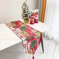 Close-up of a festive cotton-linen Christmas table runner with red tassels and patterns - Style S (180x33cm)