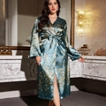 Elegant floral satin kimono robe for women with long sleeves and belted waist in teal - 3XL / Green Cherry