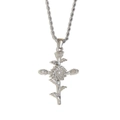 Floral cross necklace with sunflower design in silver finish on textured rope chain - April / Steel