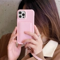 Pink lychee texture leather iPhone case with card holder and matching crossbody lanyard strap - Pink / iPhone 7