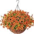 Artificial orange violets in a coconut fiber hanging basket with metal chain and hook - Orange