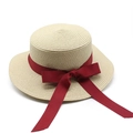 French vintage flat top straw hat with dark red bow for summer beach vacation - M (56-58cm) / Beige