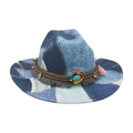 Cappello da cowboy in denim patchwork con pietra turchese e nappe stile bohémien - Taglia unica / Azzurro