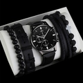 Detail of men's minimalist black watch set with leather straps and four fashion bracelets - Black Watch + 4-Piece Bracelet Set 657-10