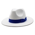 Classic white wool fedora hat with a navy blue silk ribbon bow for men and women - M (56-58cm) / Royal Blue Ribbon