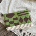Green knit neck warmer for children with brown heart and geometric patterns - Heart Grass Green