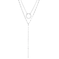 Close-up of golden double-layer stainless steel necklace with geometric circular and bar pendants - Steel