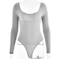 Detail of grey ribbed knit long-sleeved bodysuit with U-neckline on a mannequin - S / Gray