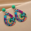 Detail of tear-drop hollow earrings with green matte beads and colorful swirl patterns - 71# Silver Needle - Green - Abstract Waterdrop