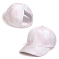 Detailed view of pink tie-dye ponytail baseball cap with high opening and adjustable strap - Pink White Gradient