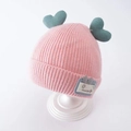 Pink knitted baby winter hat with cyan heart decorations and Good Life label - One Size / GOOD Heart Style / Pink